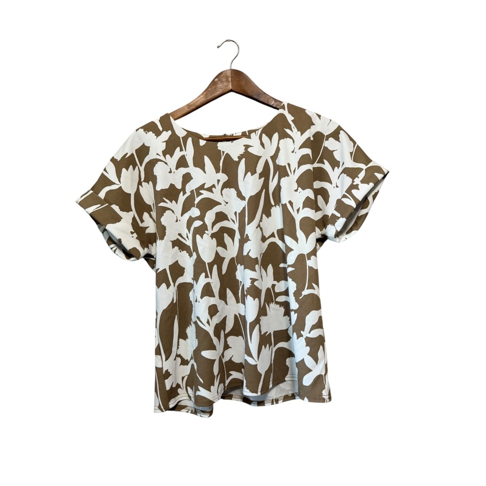Melloday Blouse Women Small Brown Excellent Floral Short Sleeve Zipper Back